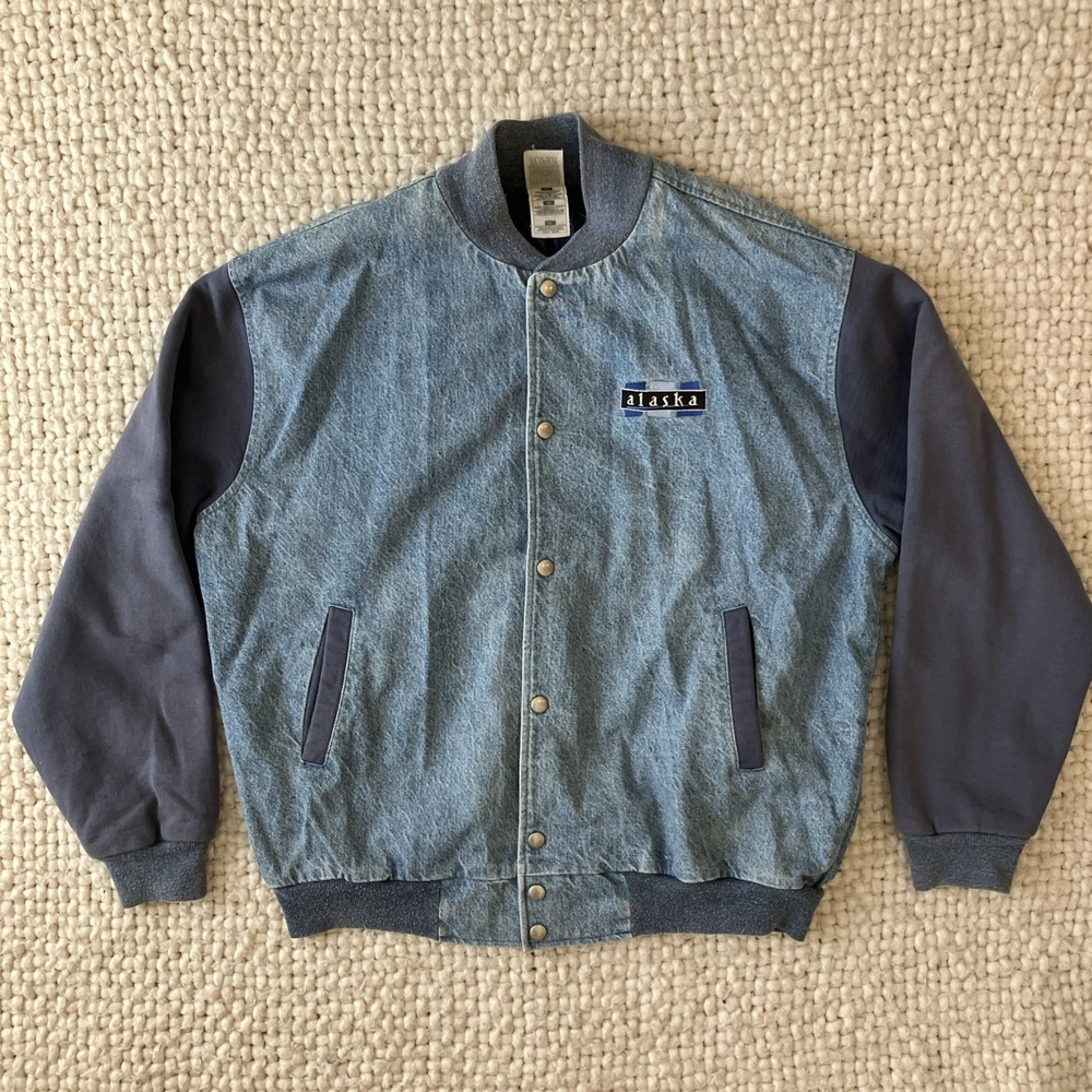 VTG 80's 90's Fruit of Loom Denim Cotton Sleeves Bomber Jacket XL "Alaska" Snaps